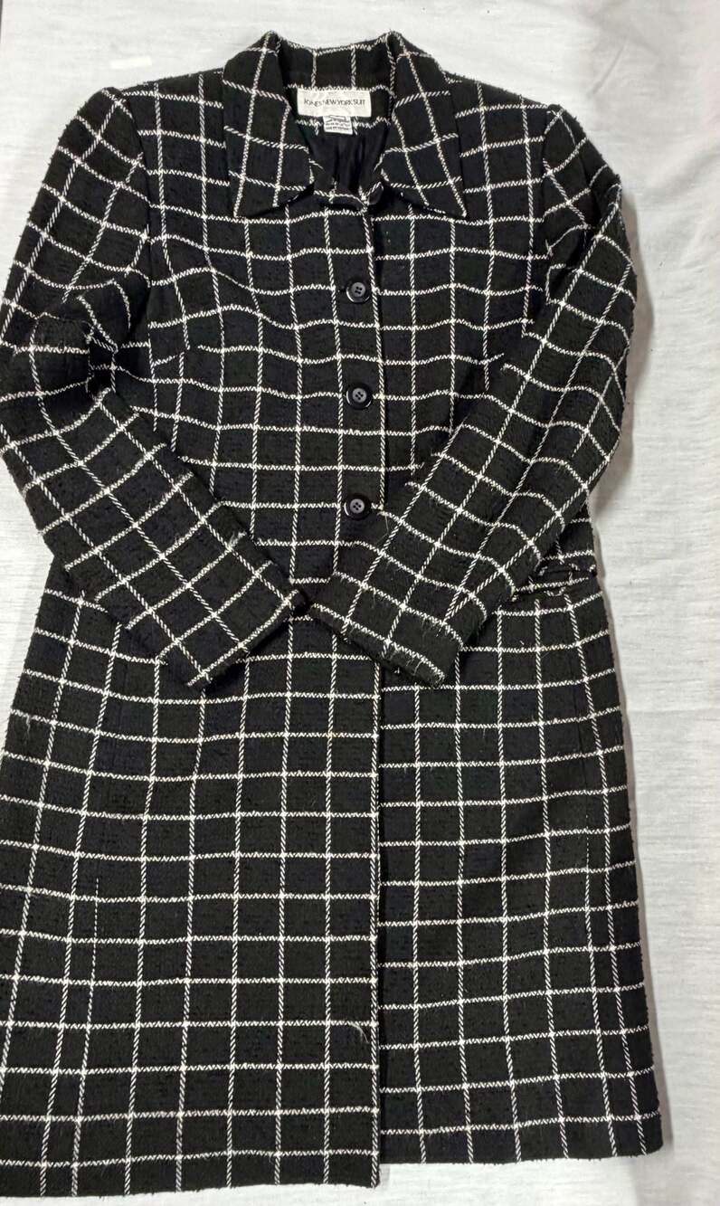 Jones New York Suit Black and White Plaid Tweed Long Coat